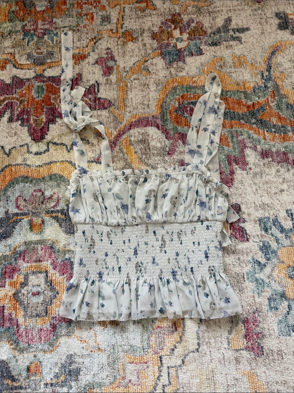 NWT Wilfred White Blue Floral Smocked Tie-Strap Top